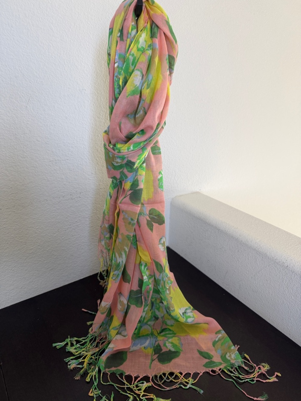 Isaac Mizrahi Pink Floral Scarf with Green and Yellow Accents